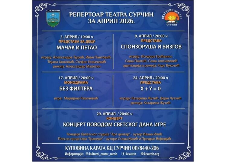 !1a kulturni centar SURCIN pozoriste teatar repertoar za april mojabazacom vesti novosti aktuelno najnovije surčin